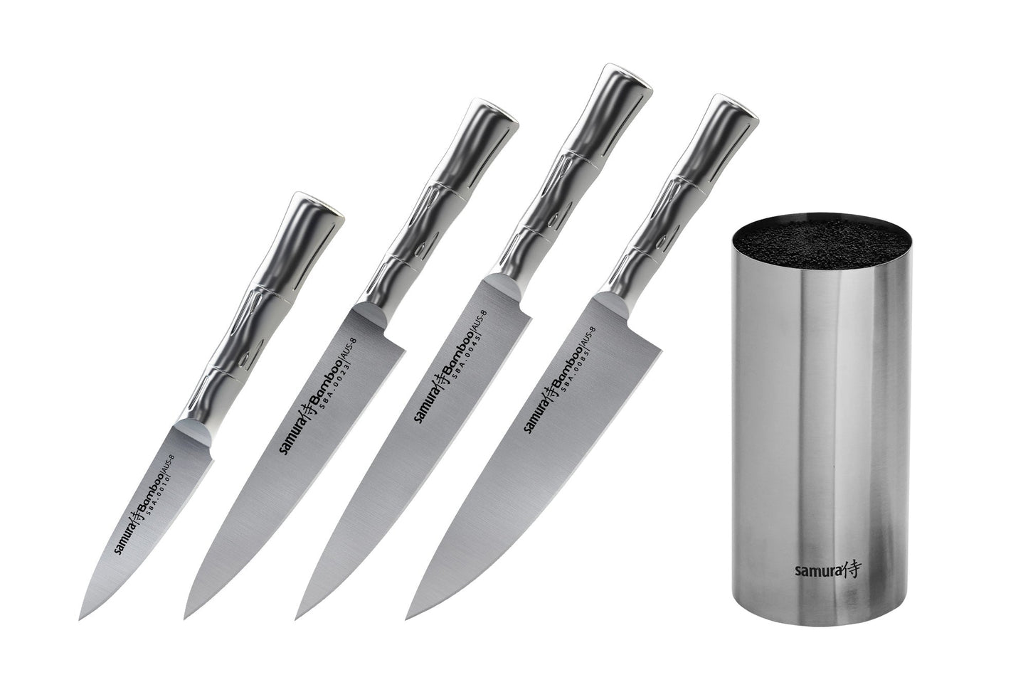 Samura BAMBOO Knife block set with 4 kitchen knives: Paring knife, Utility knife, Slicing knife, Chef’s knife, brush block - Neo Essentials Store