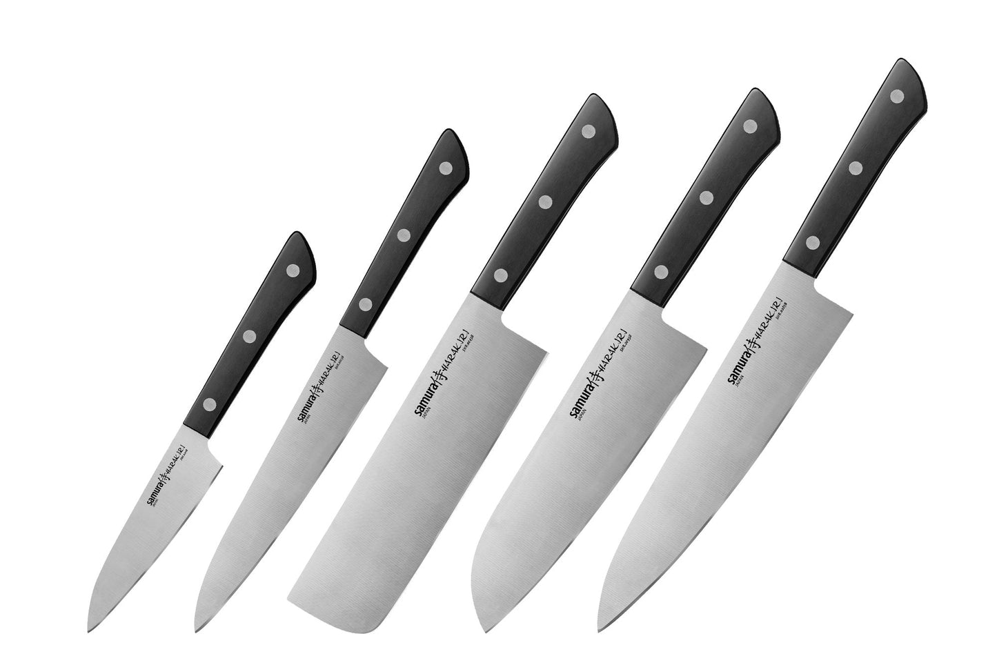 Samura Samura HARAKIRI Set of 5 kitchen knives WITH BLACK HANDLES: Paring, Utility, Nakiri, Santoku, Chef's knife. - Neo Essentials Store