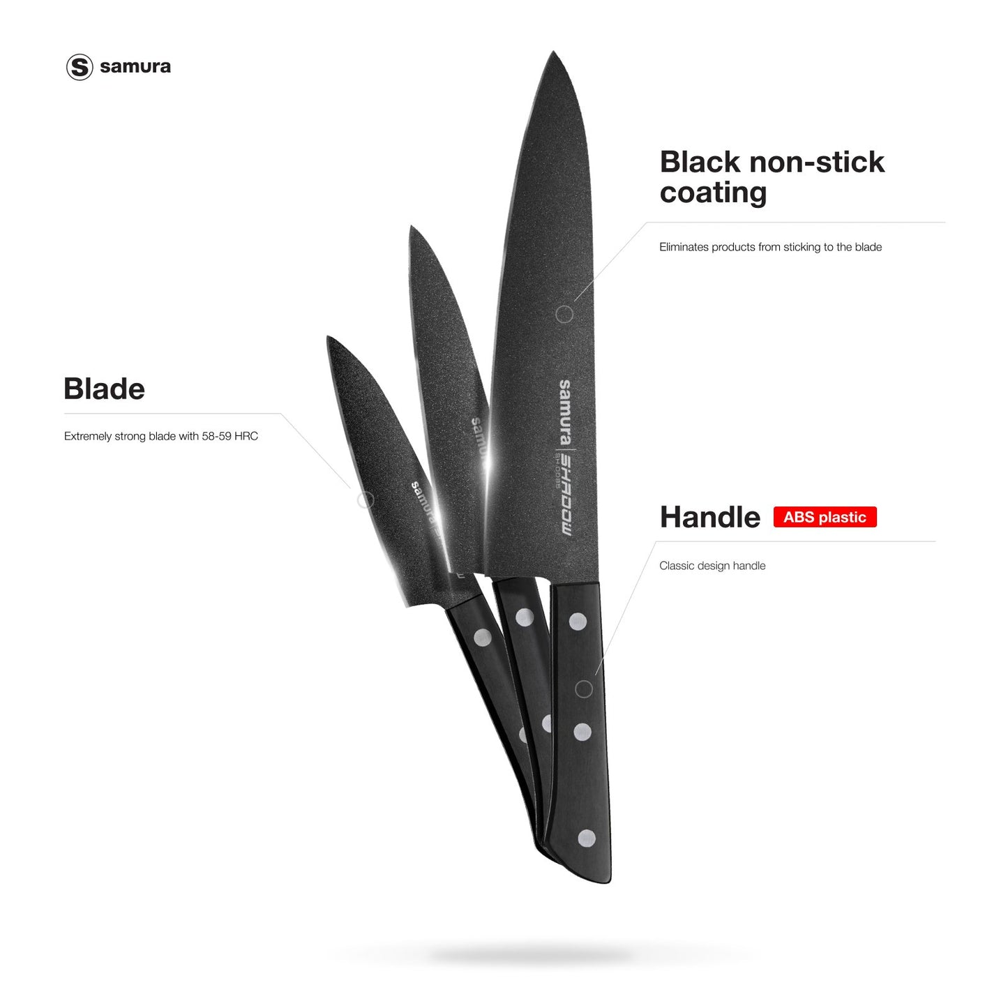 Samura Samura SHADOW Set of 3 kitchen knives: Chef's knife, Utility knife, Paring knife with black non-stick coating - Neo Essentials Store