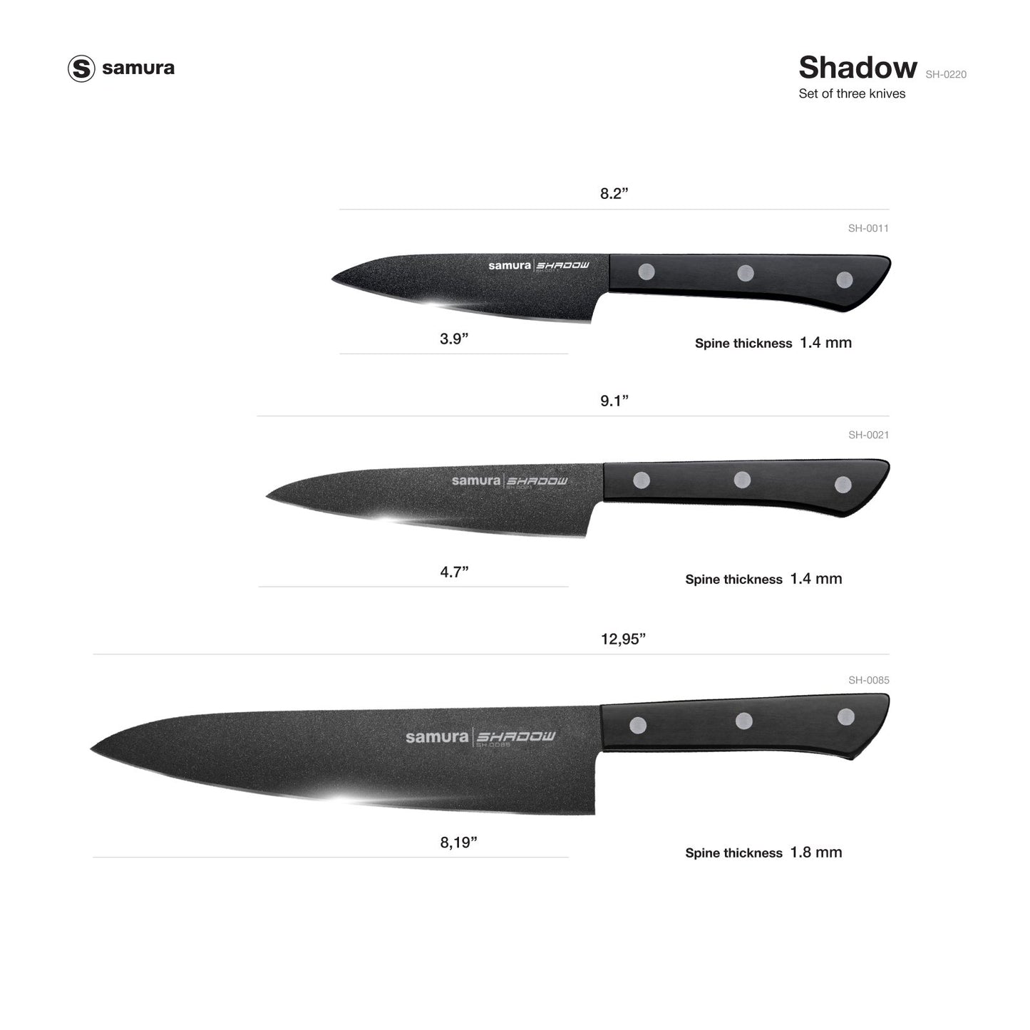 Samura Samura SHADOW Set of 3 kitchen knives: Chef's knife, Utility knife, Paring knife with black non-stick coating - Neo Essentials Store