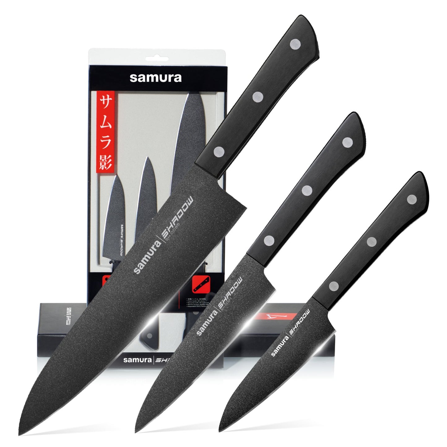 Samura Samura SHADOW Set of 3 kitchen knives: Chef's knife, Utility knife, Paring knife with black non-stick coating - Neo Essentials Store
