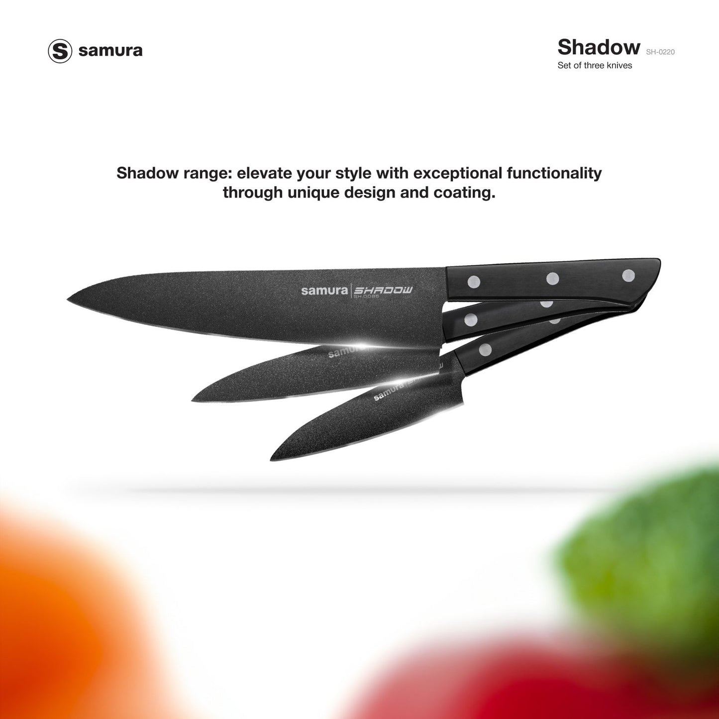 Samura Samura SHADOW Set of 3 kitchen knives: Chef's knife, Utility knife, Paring knife with black non-stick coating - Neo Essentials Store