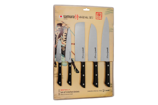 Samura Samura HARAKIRI Set of 5 kitchen knives WITH BLACK HANDLES: Paring, Utility, Nakiri, Santoku, Chef's knife. - Neo Essentials Store