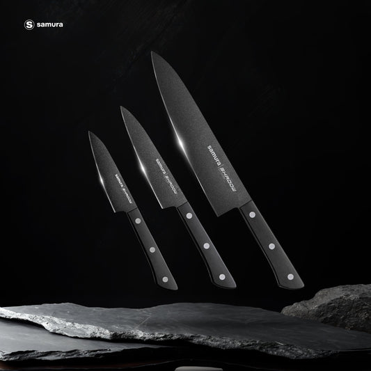 Samura Samura SHADOW Set of 3 kitchen knives: Chef's knife, Utility knife, Paring knife with black non-stick coating - Neo Essentials Store