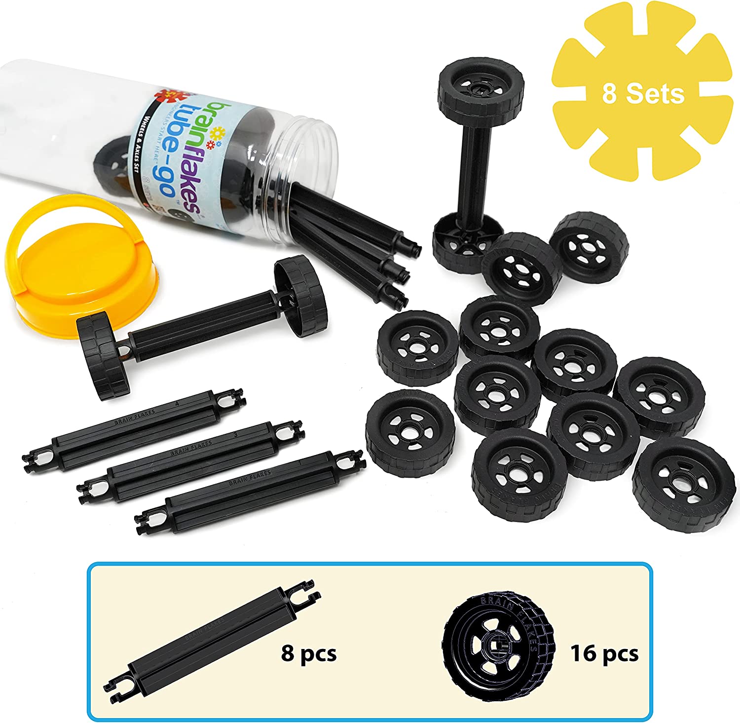 Brain Flakes 16 Wheels And 8 Axles Tube-Go Set Add-On Travel Kit - Build Cars, Trucks, Anything That Spins - Compatible Brand Discs - A Great STEM Toy...